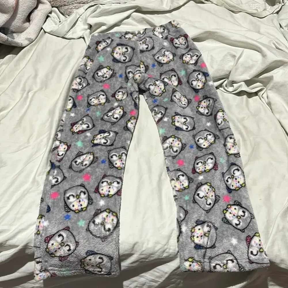 Members mark 6/6x grey fleece owl pants pj bottom elastic waist blue satin bow
